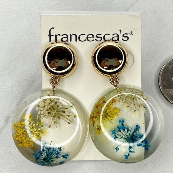 Francesca's Gold Tone Pressed Flowers Dangle Post Earrings Pierced Pair - Picture 2 of 8